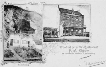 Links: de beroemde rotswoning in Geulhem, die uit twee verdiepingen bestond. Rechts: Hotel-restaurant P.A. Klepper
