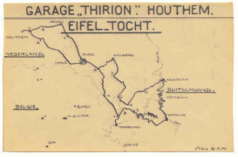 Routekaartje van de Eifeltocht van Houthem naar Aken, Monschau, Gemünd, Heimbach, Nideggen, Stolberg